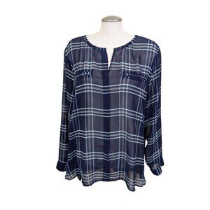 Womens Sheer Tunic Top Plus Size 22 Navy Blue Plaid Roll Tab Sleeves Split Neck